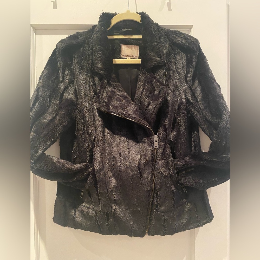 Calvin Klein Jeans Faux Fur Moto Jacket in Black